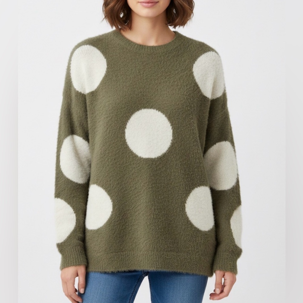 Easel ladies’ large oversized Greenish Gray and Cream Polka Dot Sweater